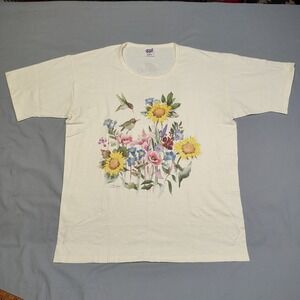 Vintage Anvil J Pfeiffer Sunflower Hummingbird Graphic T-Shirt Cream Women L USA